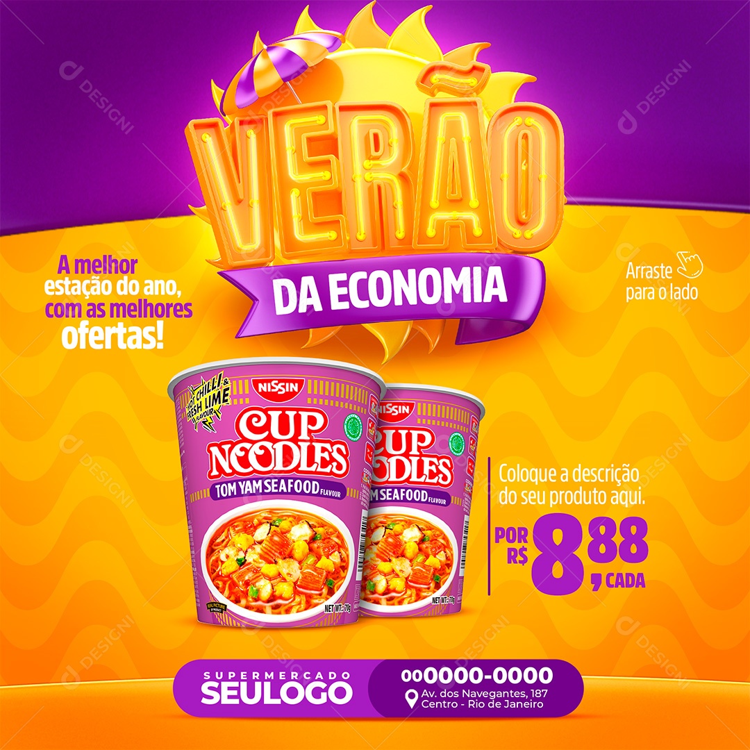 Post Supermercado Macarrão Instantâneo Verão da Economia Social Media PSD Editável