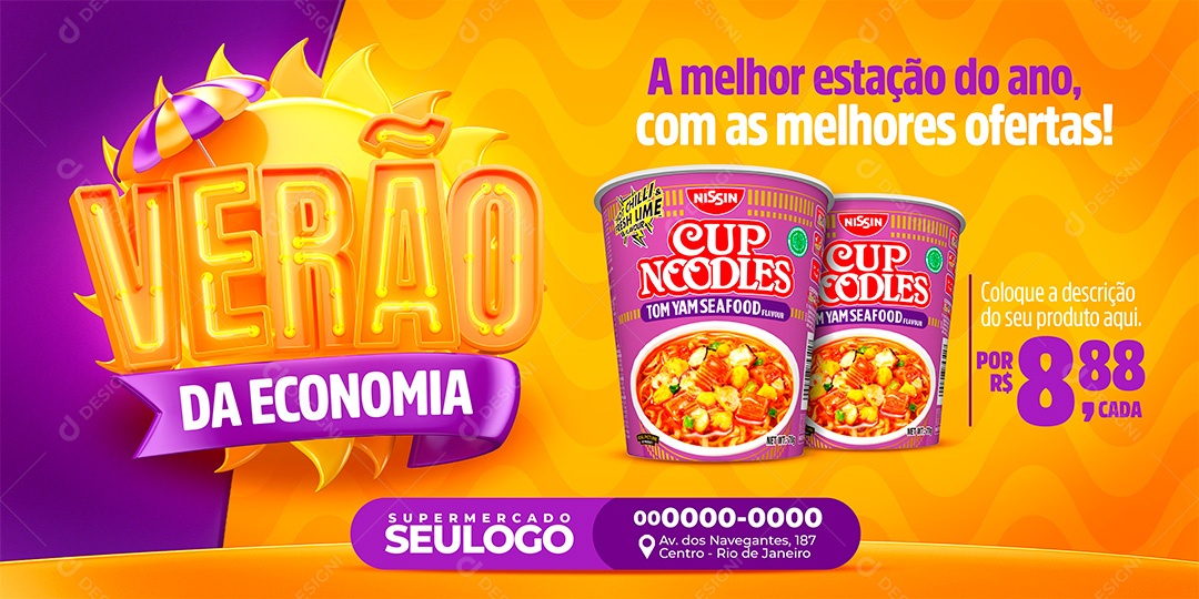 Banner Supermercado Macarrão Instantâneo Verão da Economia Social Media PSD Editável