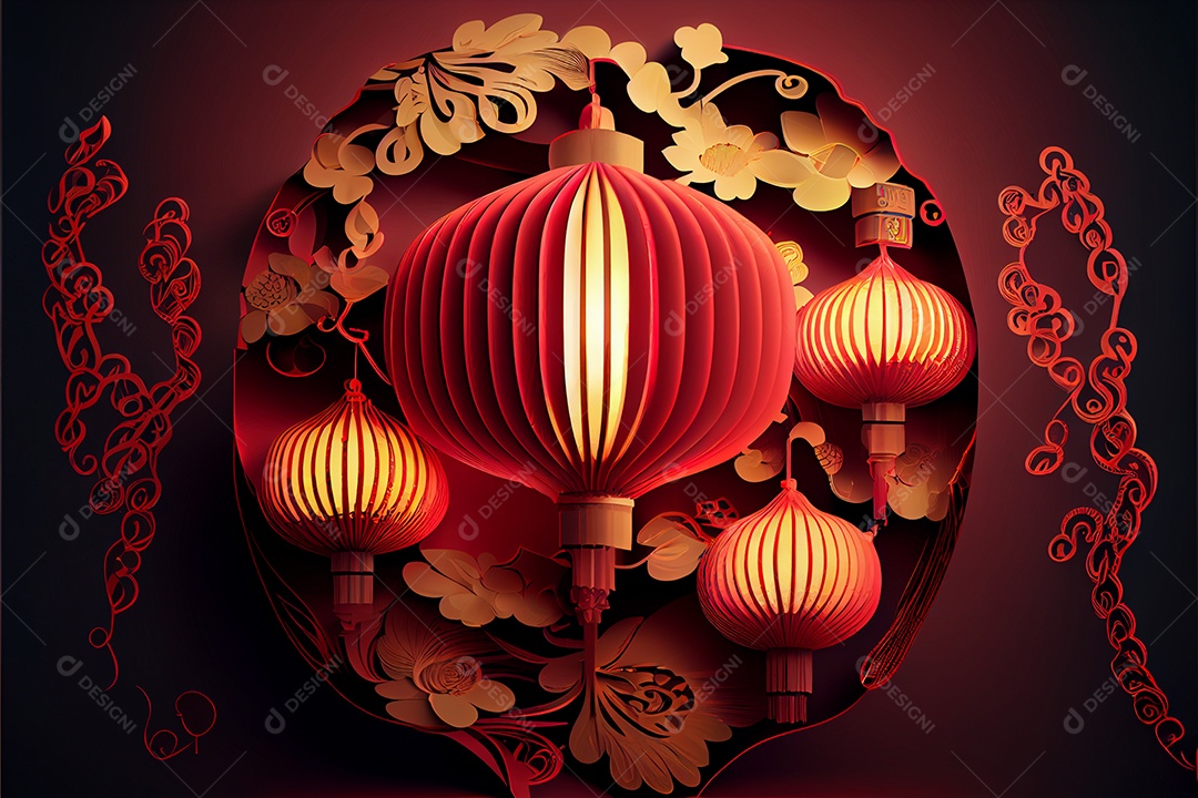 Projeto do ano novo chinês, festival da primavera, festival das lanternas ouro vermelho