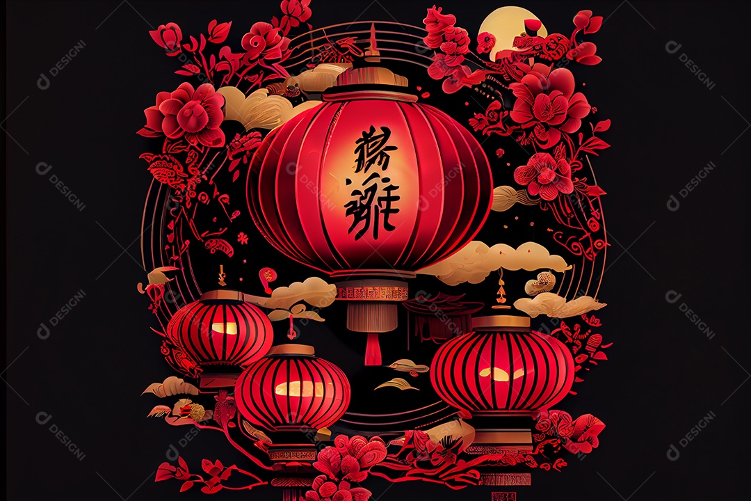 Projeto do ano novo chinês, festival da primavera, festival das lanternas ouro vermelho