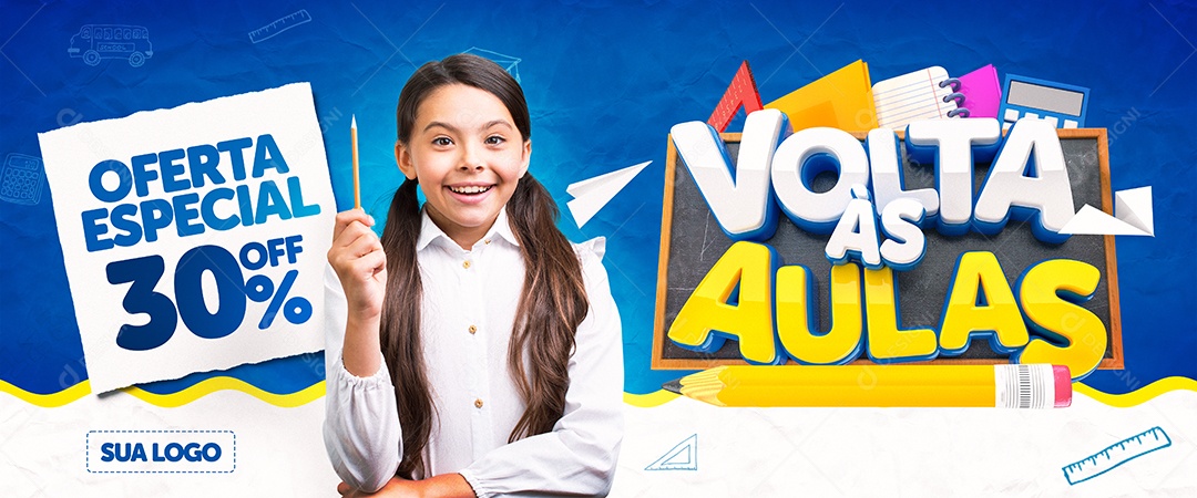 Banner Volta às Aulas Oferta Especial 30% Off Social Media PSD Editável