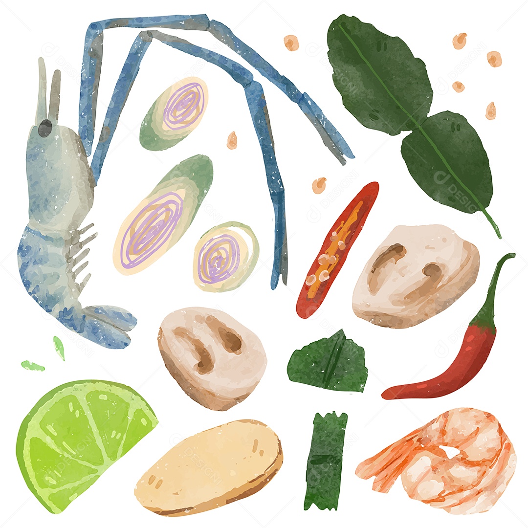 Conjunto de ingredientes para fazer caril tailandês em Desenho Animado Vetor EPS