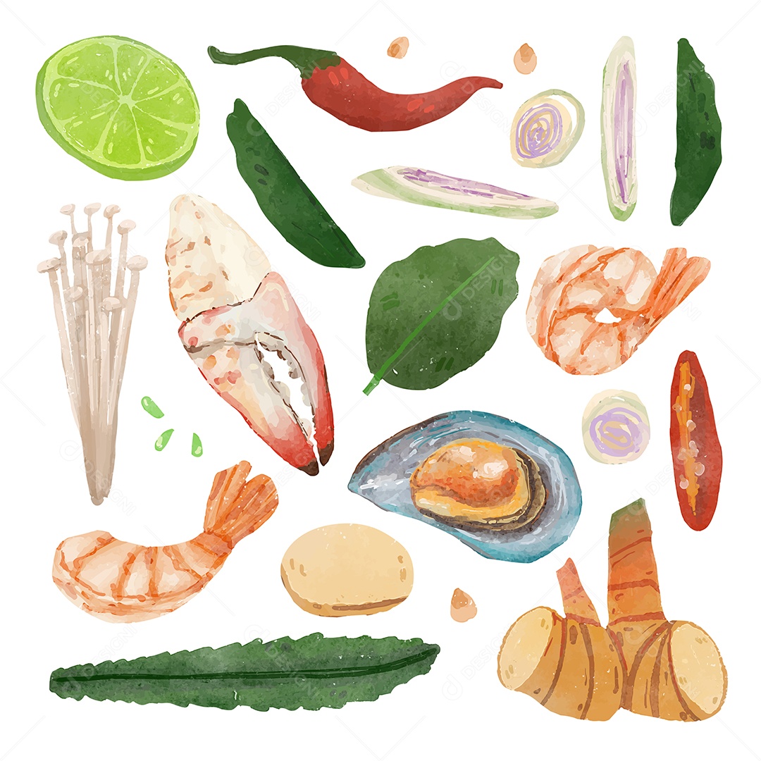 Conjunto de ingredientes para fazer caril tailandês em Desenho Animado Vetor EPS