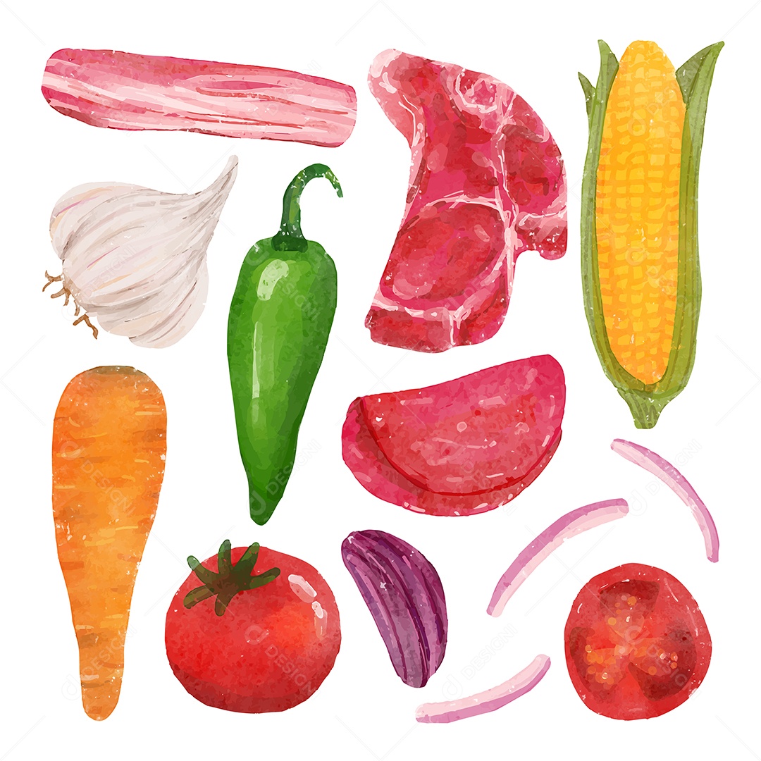 Lindas ilustrações vetoriais em aquarela ingredientes saudável Desenho Animado Vetor EPS