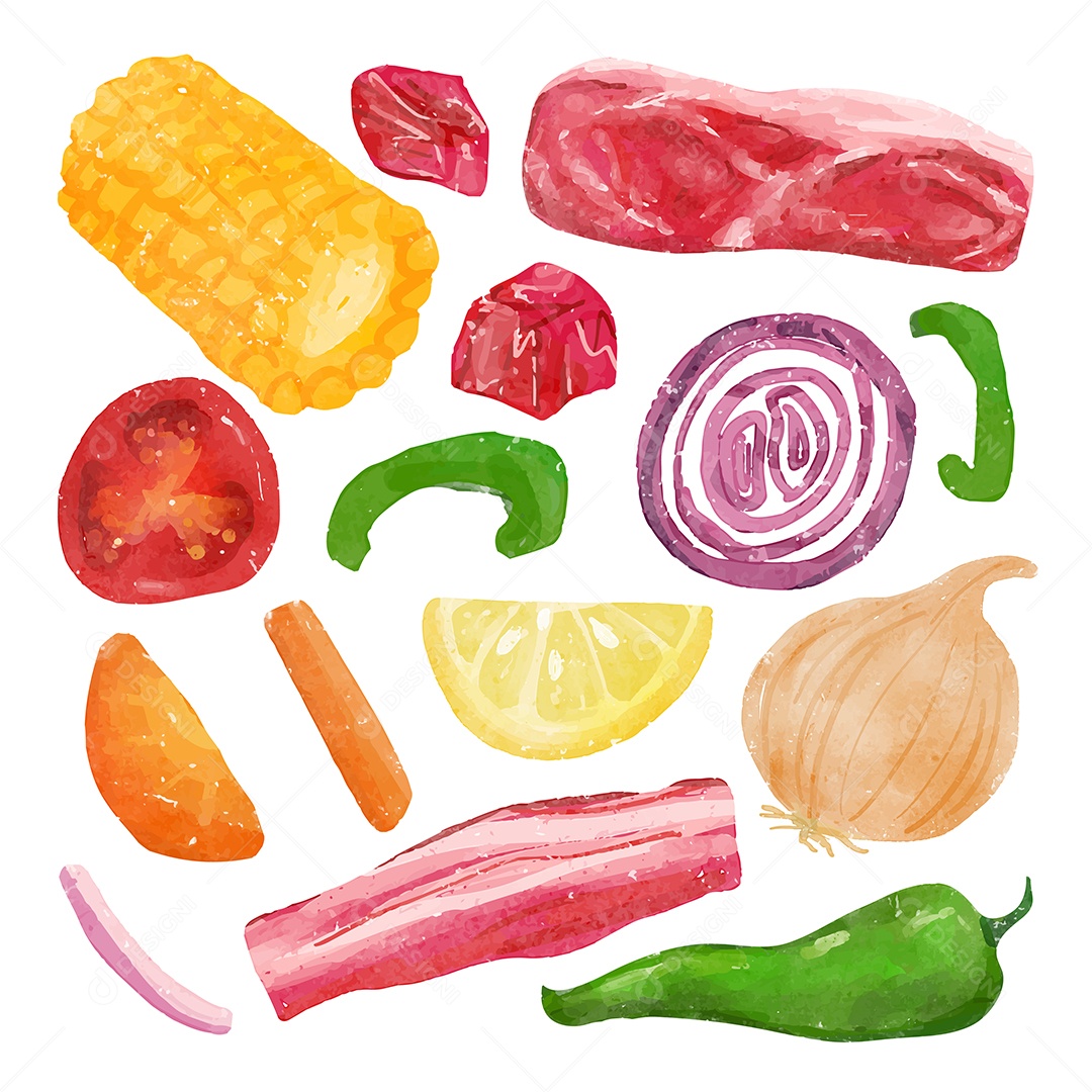 Lindas ilustrações vetoriais em aquarela ingredientes saudável Desenho Animado Vetor EPS