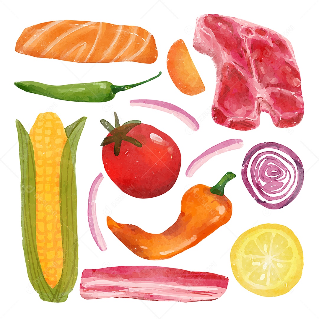 Lindas ilustrações vetoriais em aquarela ingredientes saudável Desenho Animado Vetor EPS