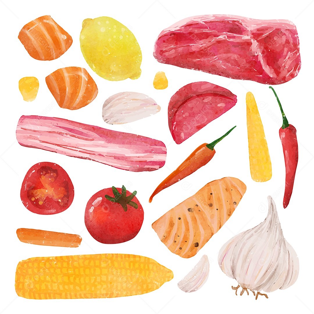 Lindas ilustrações vetoriais em aquarela ingredientes saudável Desenho Animado Vetor EPS