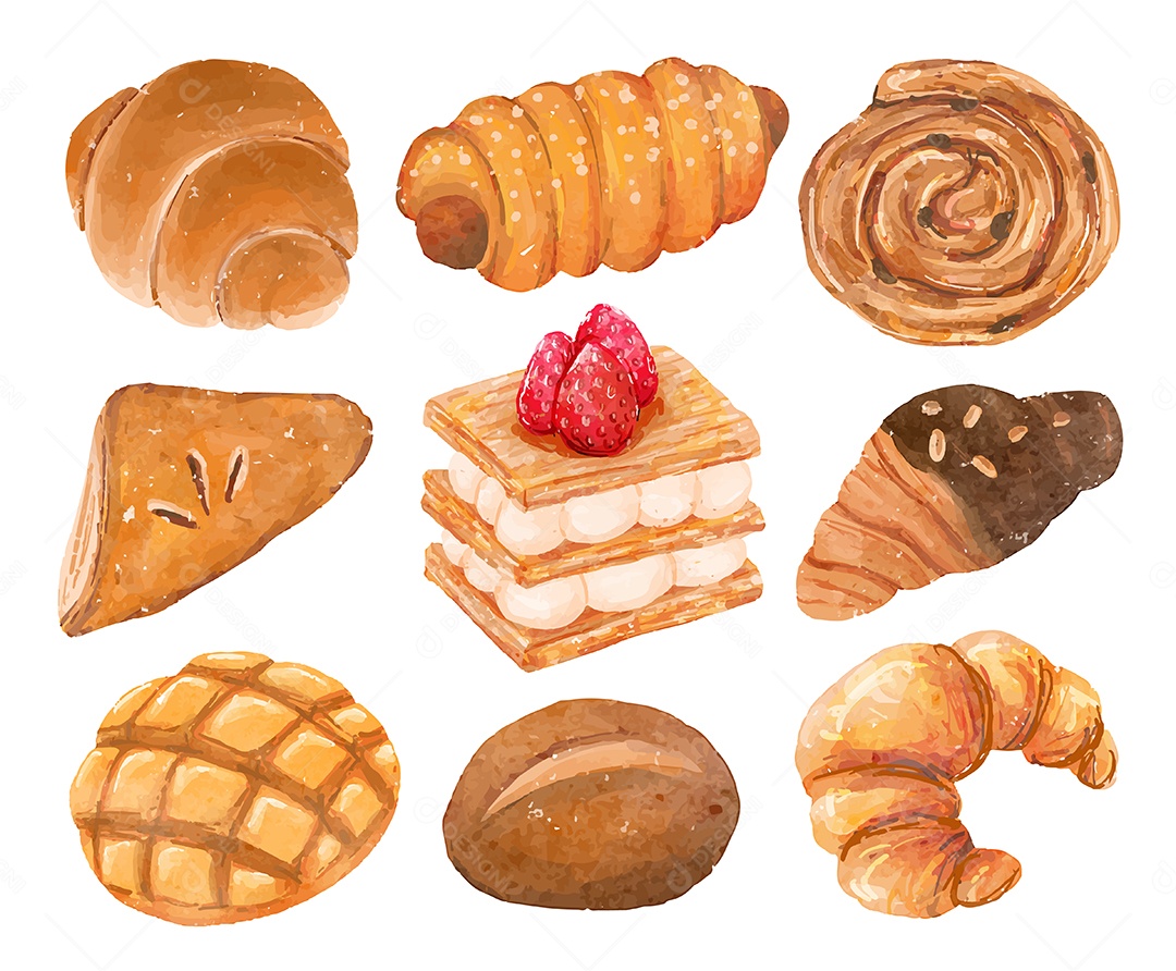 Bela Aquarela de Padaria com ilustração Vetorial de Pão e Sobremesa Vetor EPS
