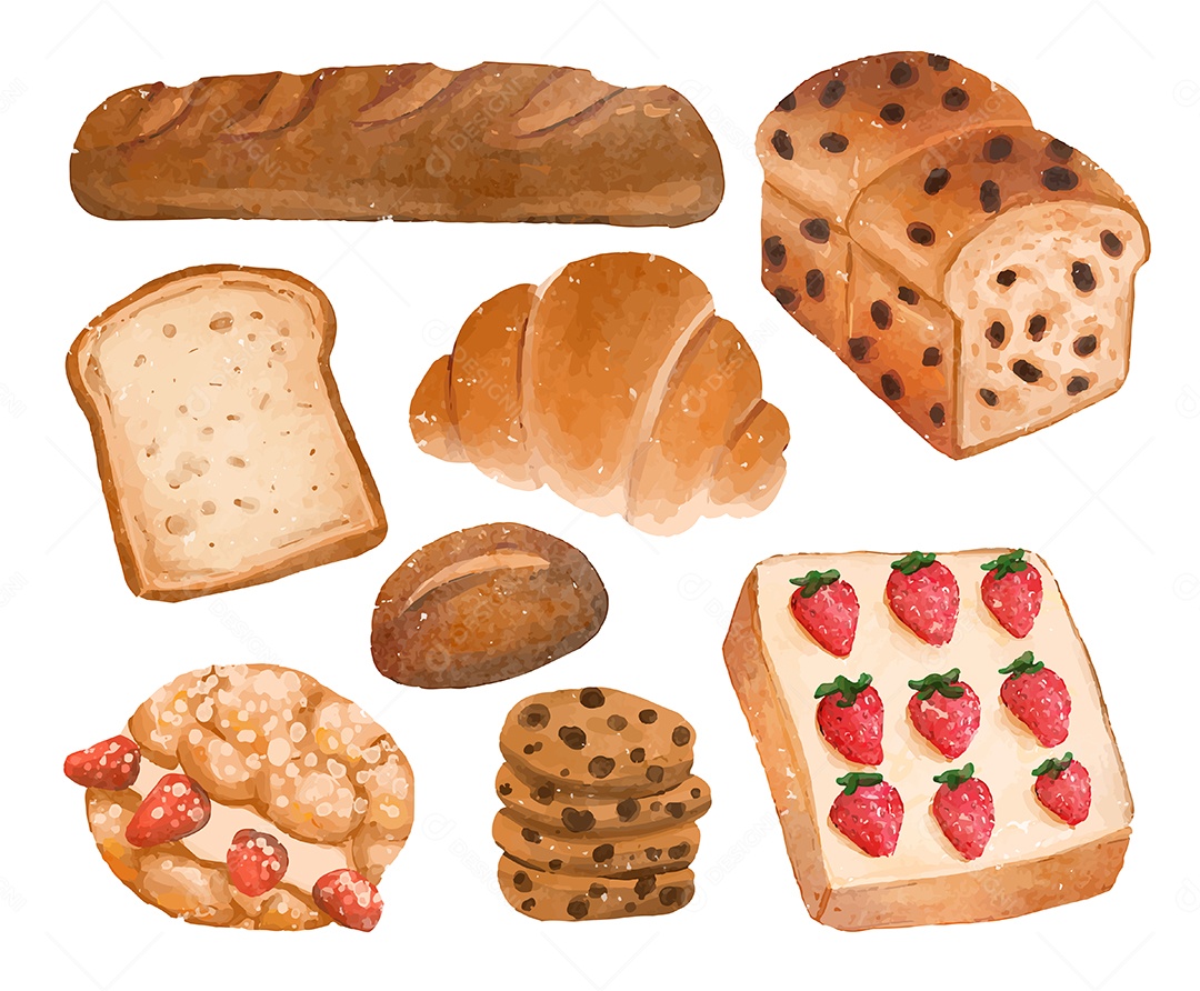 Bela Aquarela de Padaria com ilustração Vetorial de Pão e Sobremesa Vetor EPS