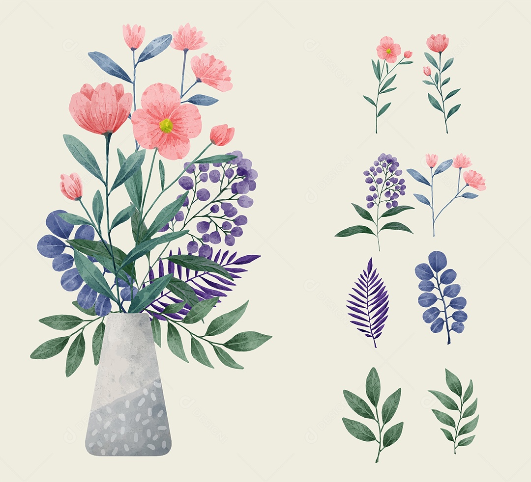 Conjunto de Flores Pintadas para Acompanhar Vários Cartões de Felicitações Desenho Vetor EPS