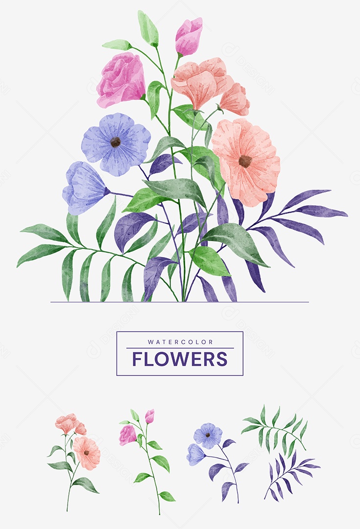 Conjunto de Flores Pintadas para Acompanhar Vários Cartões de Felicitações Desenho Vetor EPS