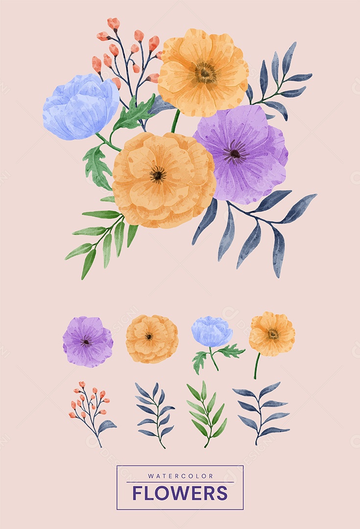 Conjunto de Flores Pintadas para Acompanhar Vários Cartões de Felicitações Desenho Vetor EPS