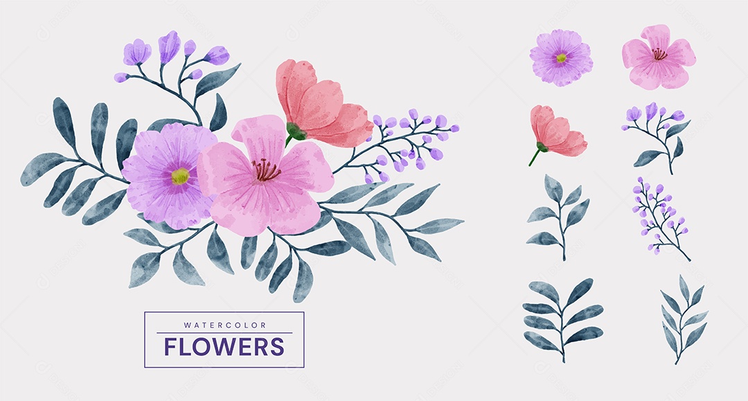 Conjunto de Flores Pintadas para Acompanhar Vários Cartões de Felicitações Desenho Vetor EPS