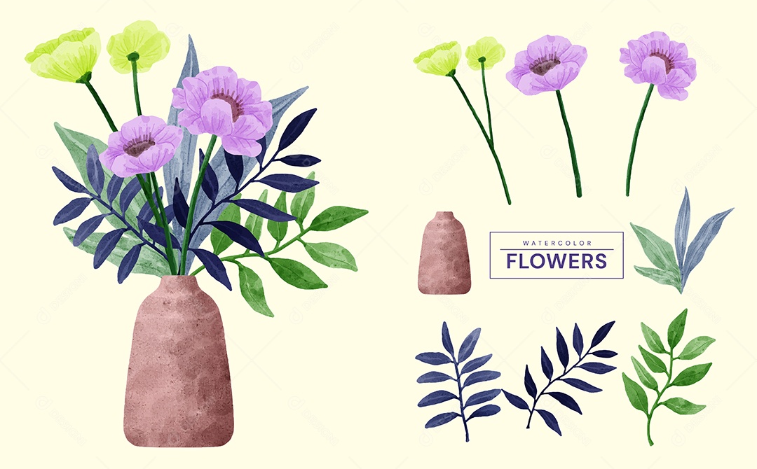 Conjunto de Flores Pintadas para Acompanhar Vários Cartões de Felicitações Desenho Vetor EPS