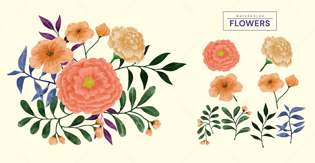 Conjunto de Flores Pintadas para Acompanhar Vários Cartões de Felicitações Desenho Vetor EPS