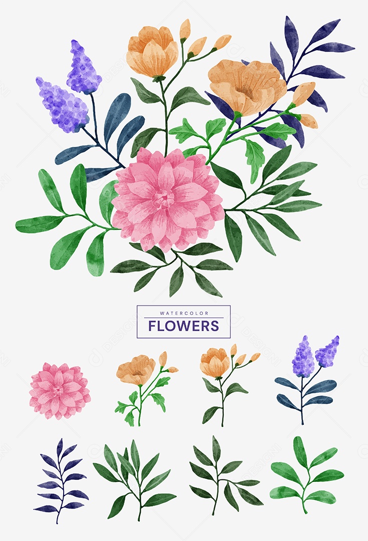 Conjunto de Flores Pintadas para Acompanhar Vários Cartões de Felicitações Desenho Vetor EPS