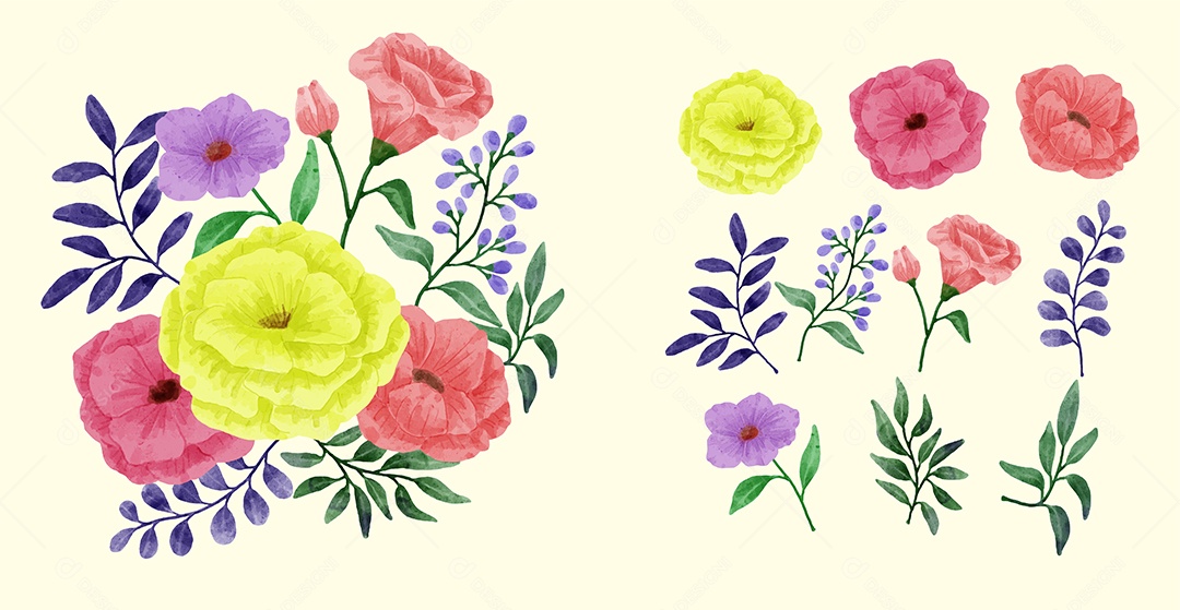 Conjunto de Flores Pintadas para Acompanhar Vários Cartões de Felicitações Desenho Vetor EPS