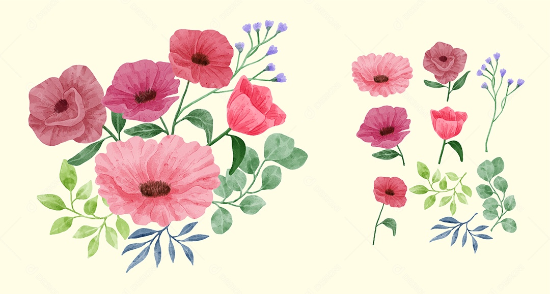 Conjunto de Flores Pintadas para Acompanhar Vários Cartões de Felicitações Desenho Vetor EPS