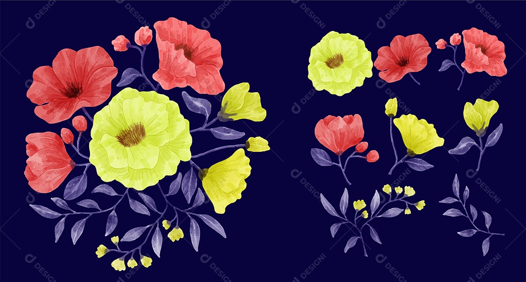 Conjunto de Flores Pintadas para Acompanhar Vários Cartões de Felicitações Desenho Vetor EPS