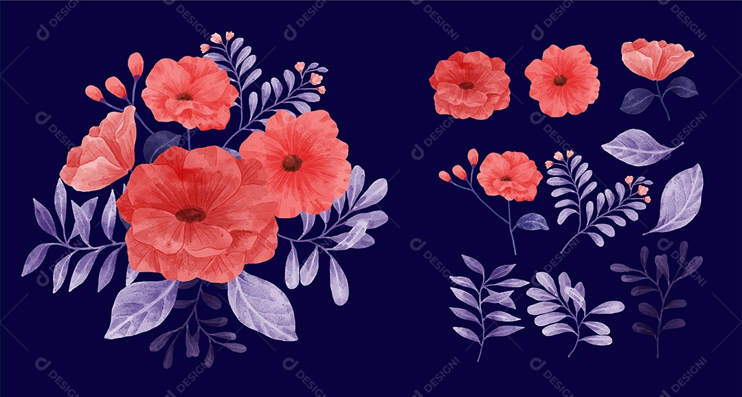 Conjunto de Flores Pintadas para Acompanhar Vários Cartões de Felicitações Desenho Vetor EPS