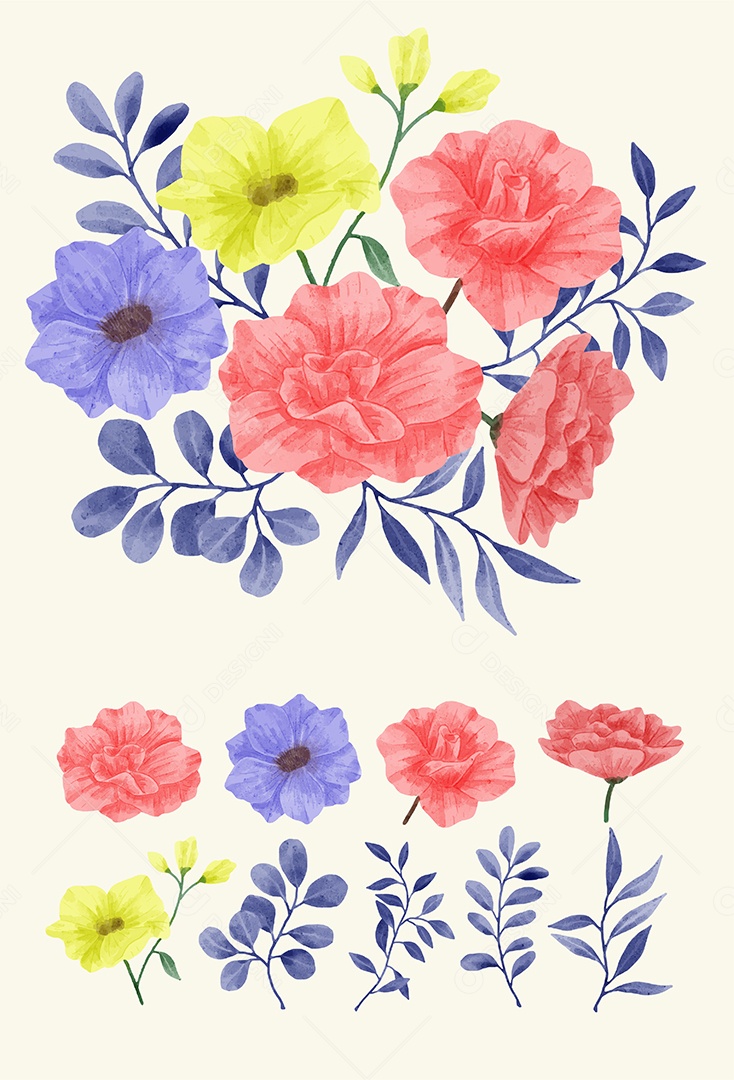 Conjunto de Flores Pintadas para Acompanhar Vários Cartões de Felicitações Desenho Vetor EPS