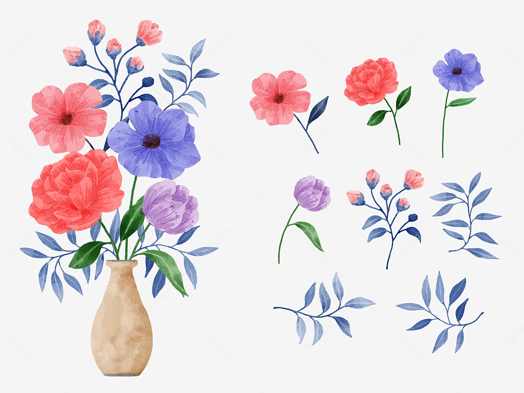 Conjunto de Flores Pintadas para Acompanhar Vários Cartões de Felicitações Desenho Vetor EPS