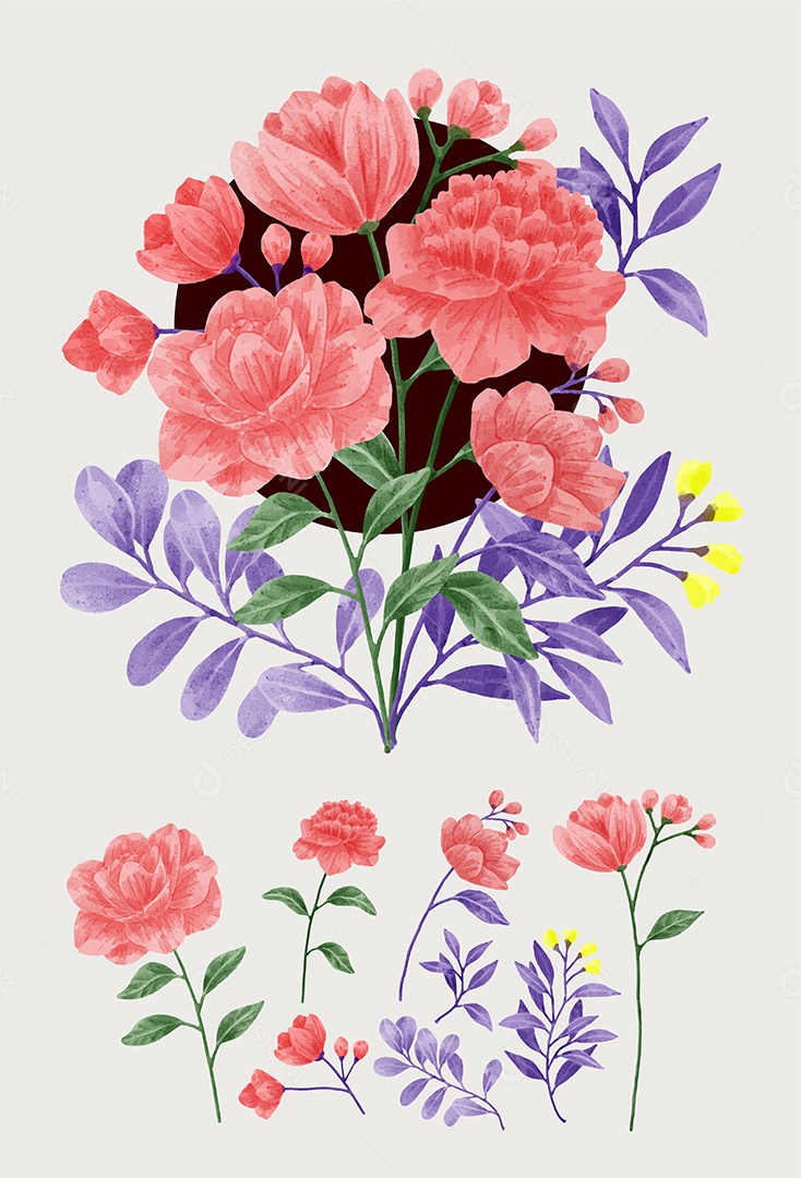 Conjunto de Flores Pintadas para Acompanhar Vários Cartões de Felicitações Desenho Vetor EPS