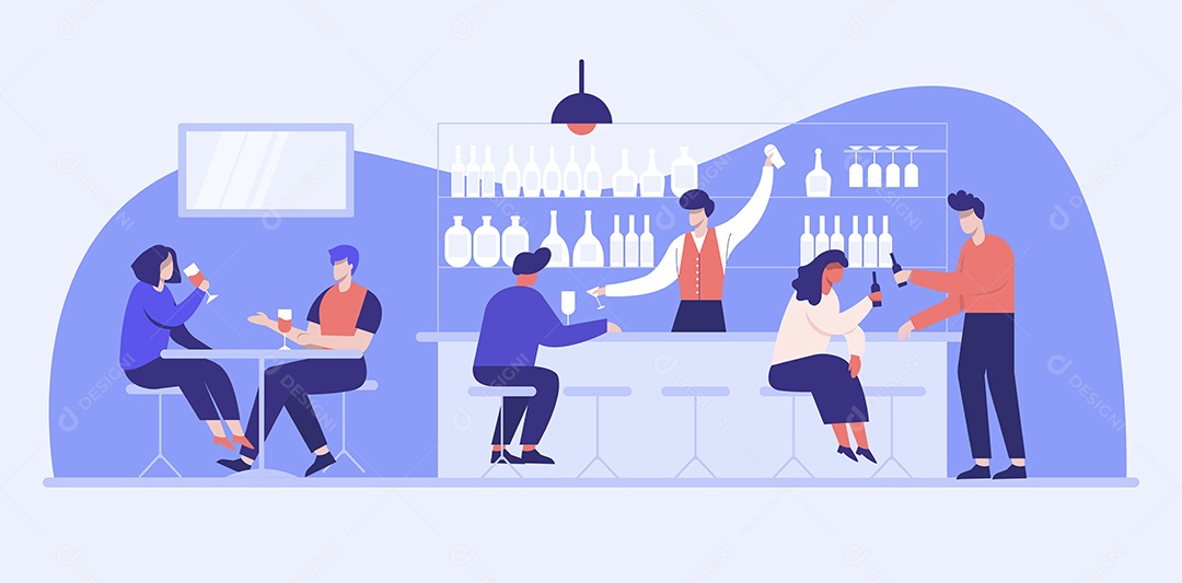 Um Jovem abre um bar de bebidas vende bebidas alcoólicas Vetor EPS