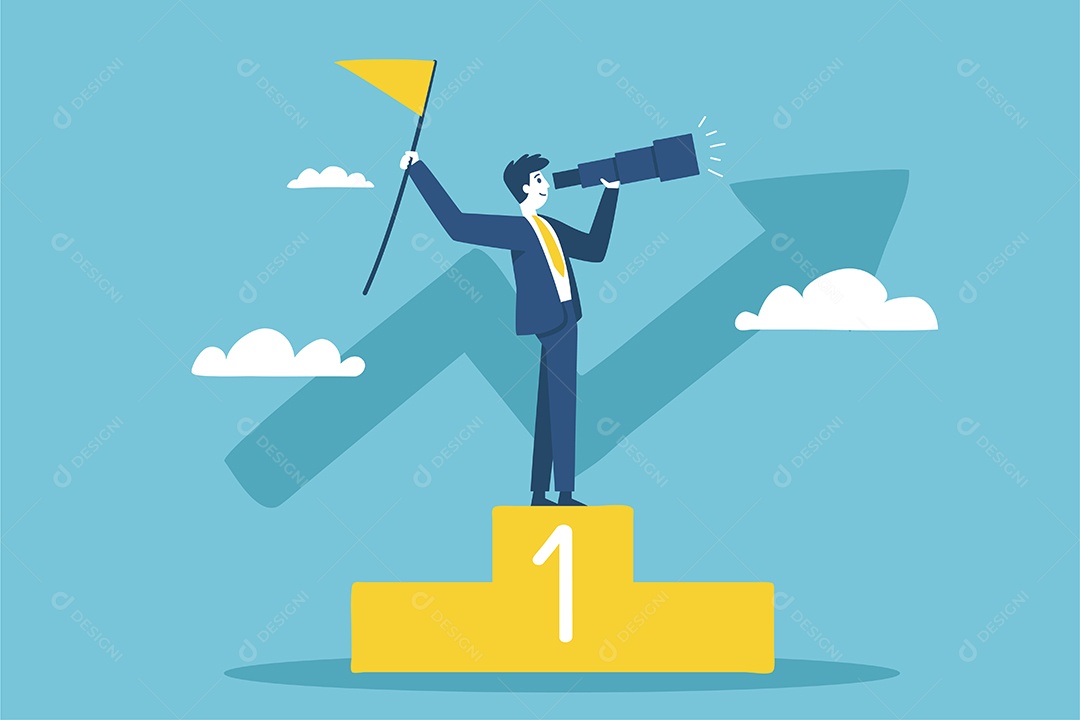 Um Empresário de pé em um pódio de prêmio telescópico define Vetor EPS