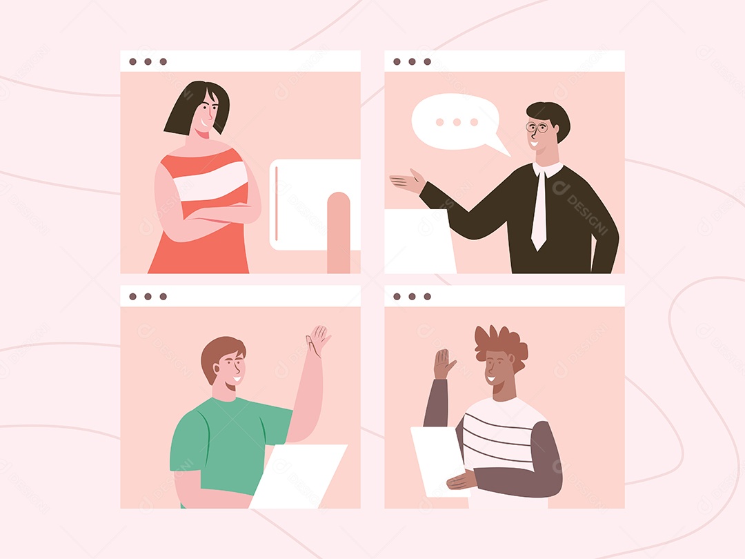 Os Funcionários Trabalham em Casa por meio de Videoconferência Programada Vetor EPS