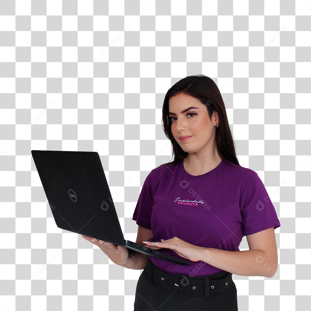 Jovem Mulher em pé Segurando Notebook blusa roxa PNG Transparente