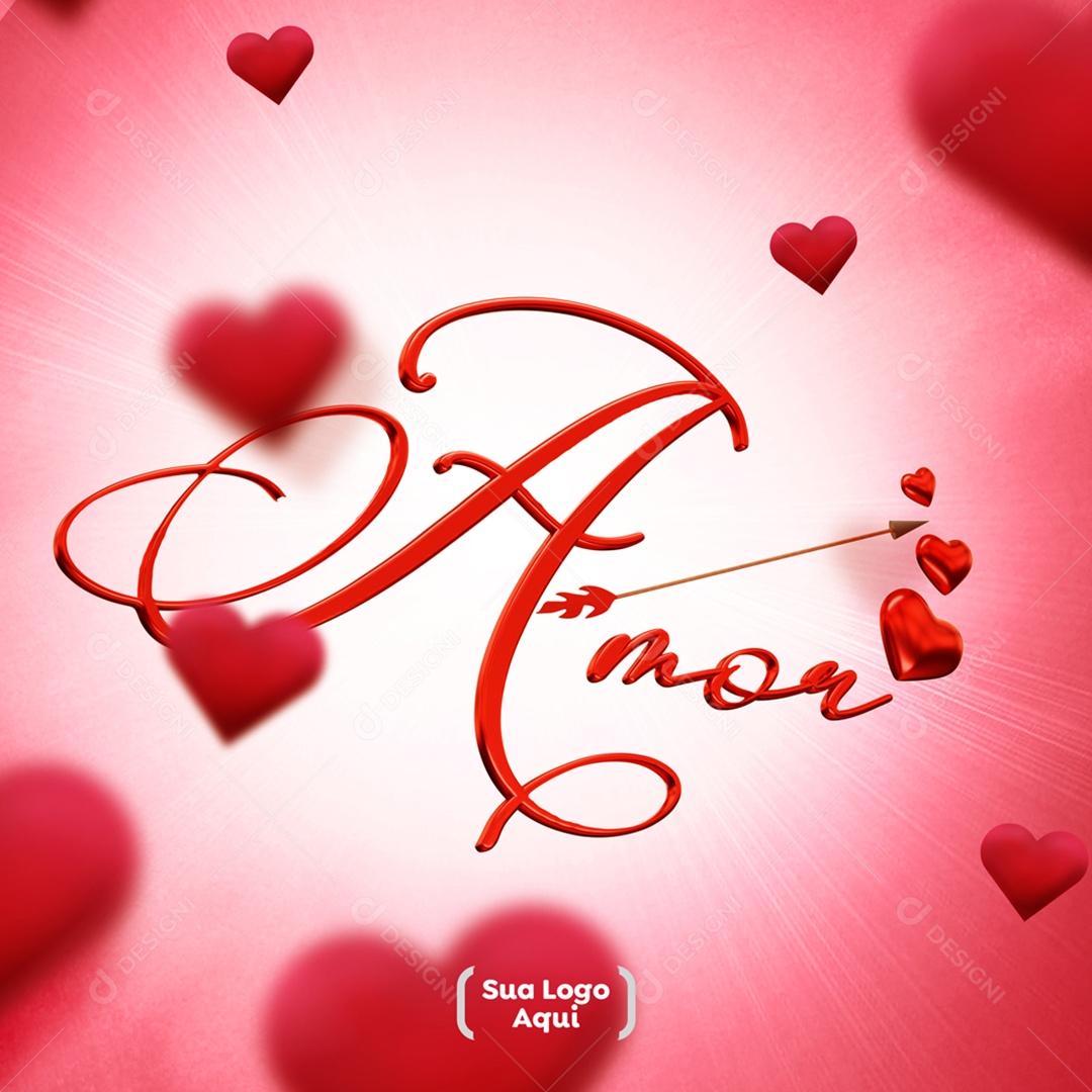 Texto 3D Amor Com Fundo de Corações Social Media PSD Editável