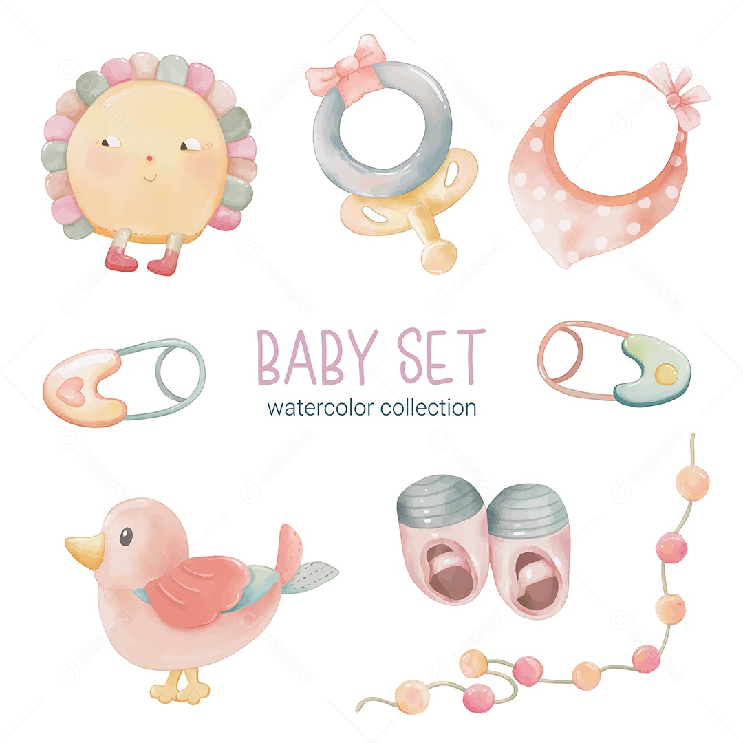 Conjunto de Peças Separadas de Roupas de Bebê e Brinquedos Vetor EPS