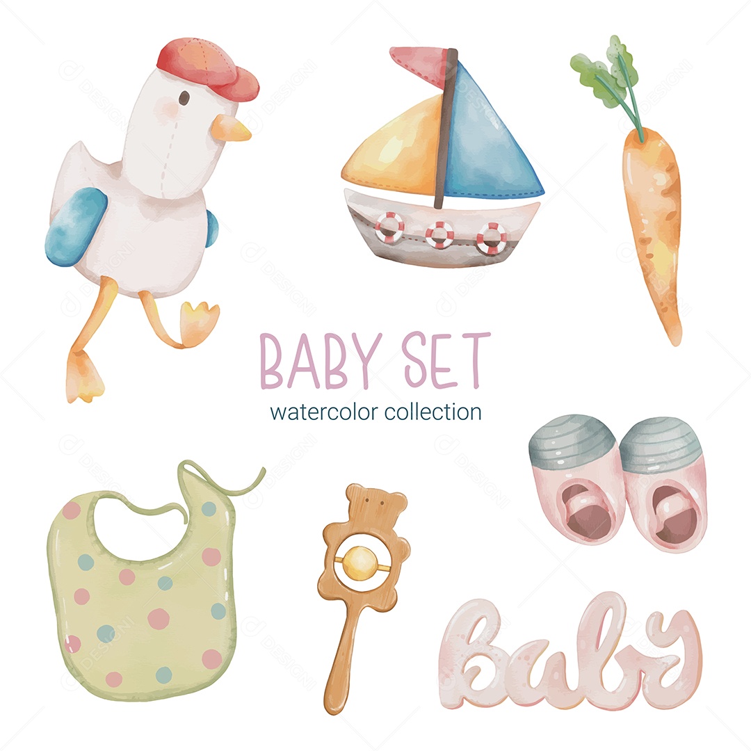 Conjunto de Peças Separadas de Roupas de Bebê e Brinquedos Vetor EPS