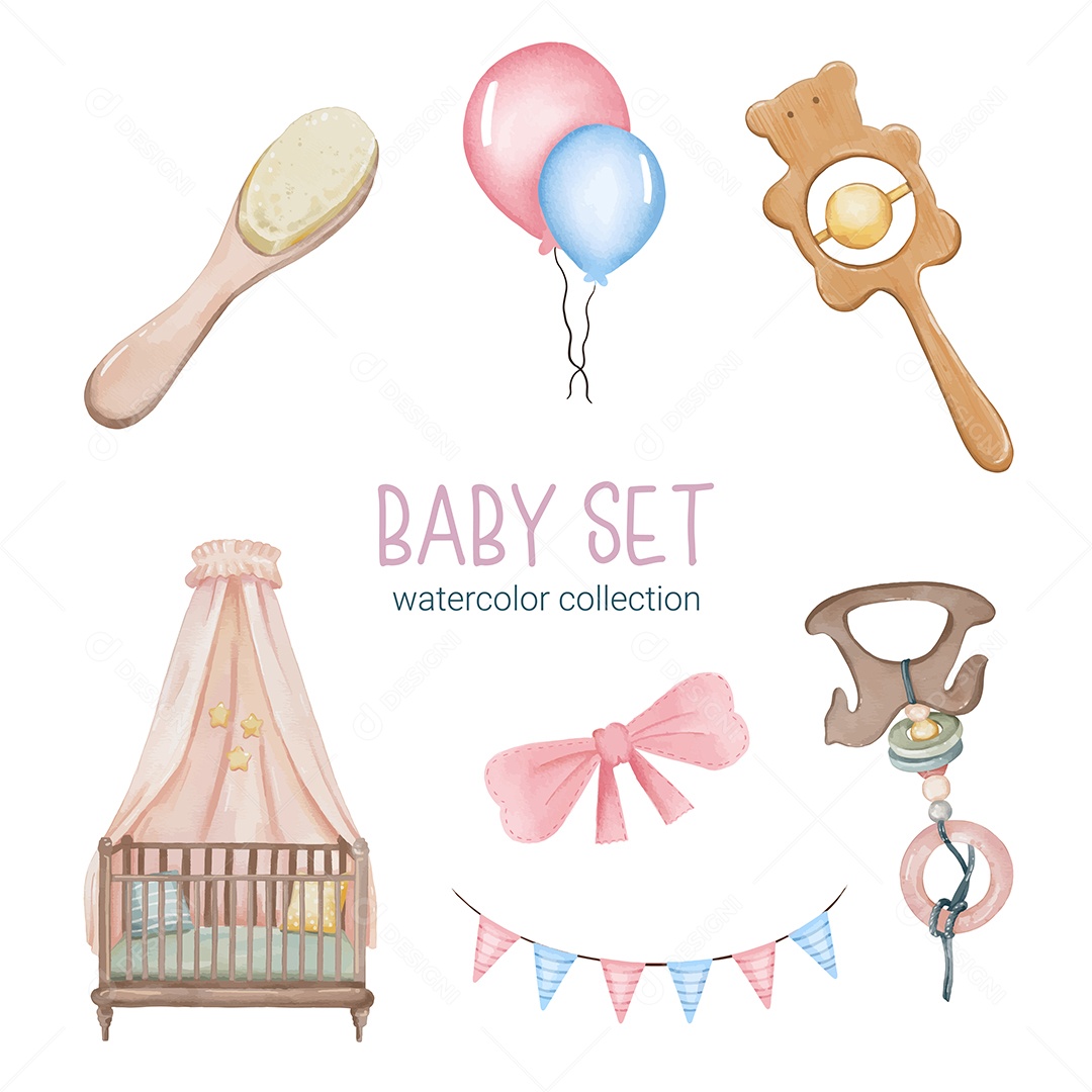 Conjunto de Peças Separadas de Roupas de Bebê e Brinquedos Vetor EPS