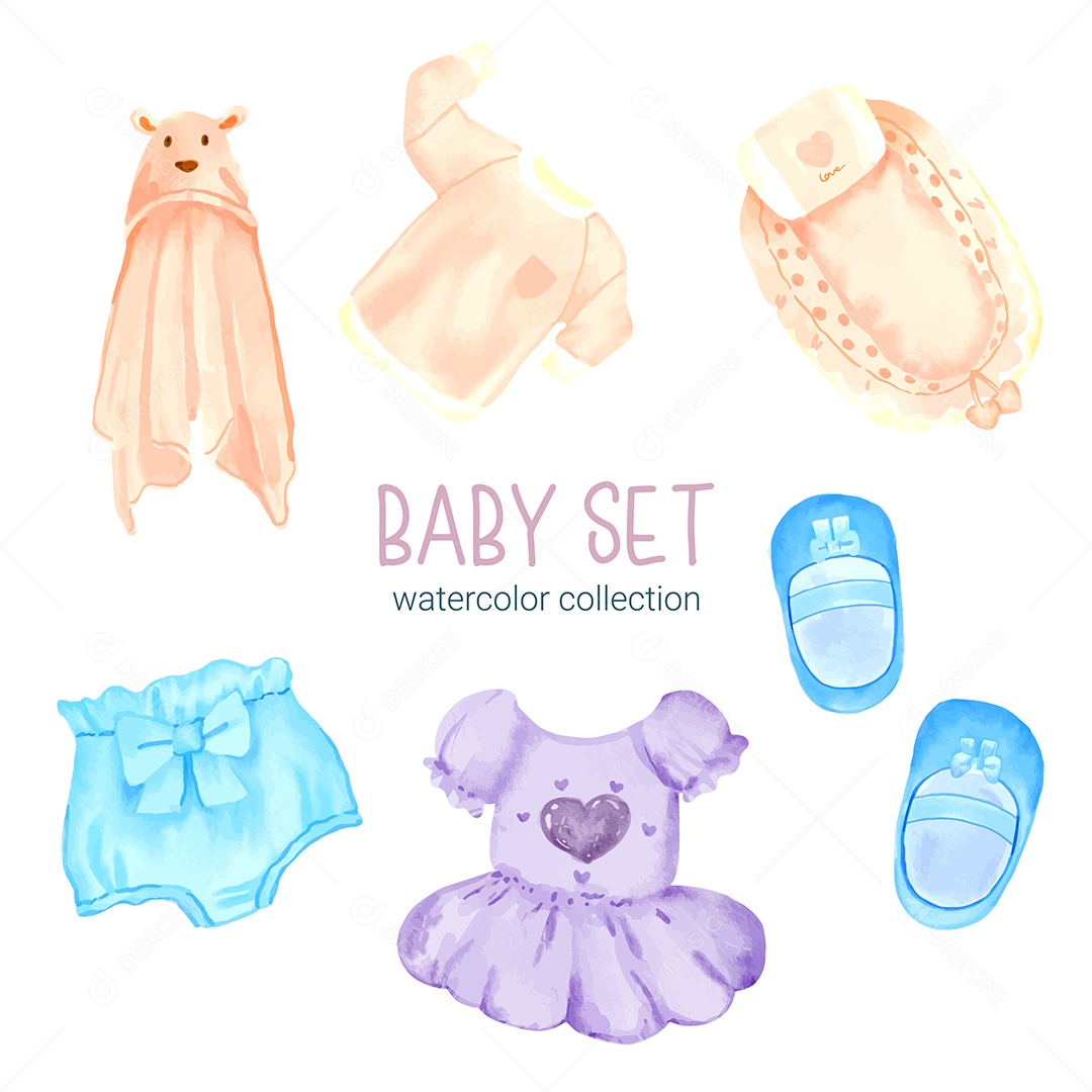 Conjunto de Peças Separadas de Roupas de Bebê e Brinquedos Vetor EPS