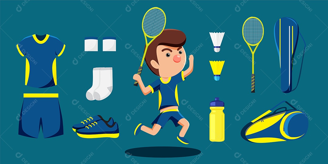 Desenho de jogador de badminton e conjunto de equipamentos Vetor EPS