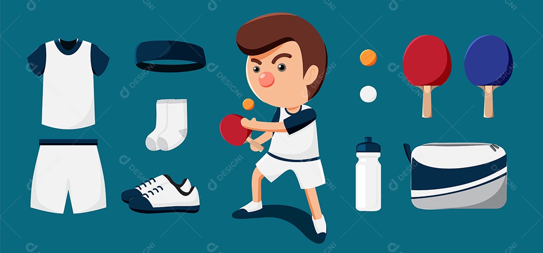 Desenho de jogador de tênis de mesa e conjunto de equipamentos como bola Vetor EPS