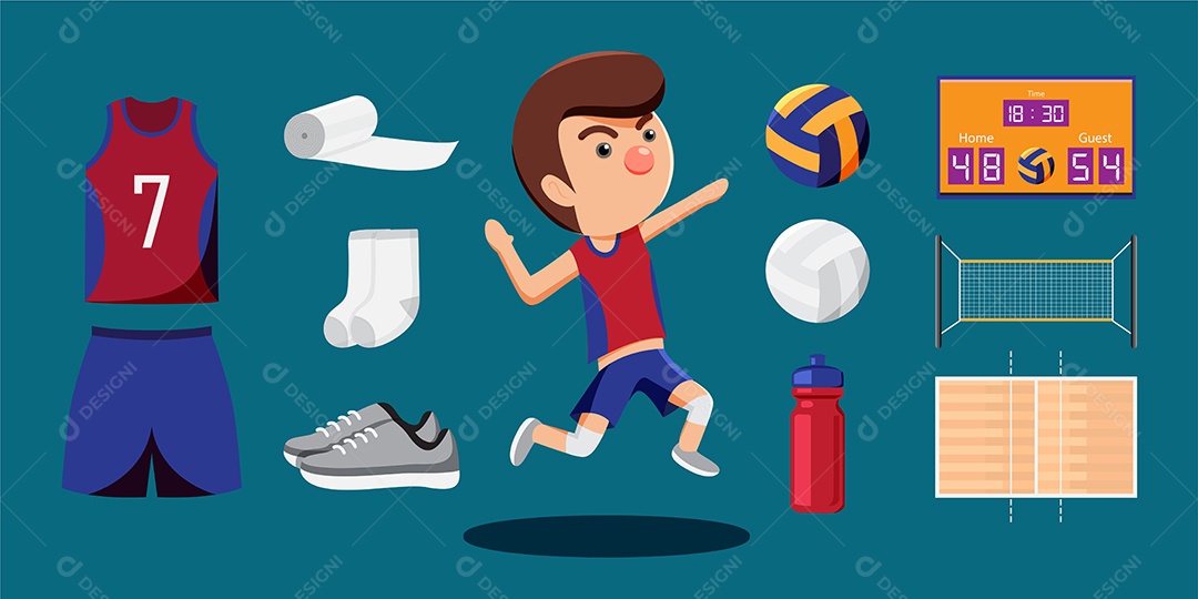 Volleyball player cartoon and equipment set like ball Vector EPS