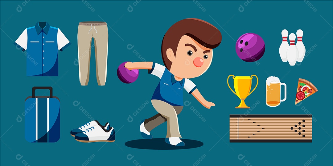 Desenho de jogador de boliche e conjunto de equipamentos como bola Vetor EPS