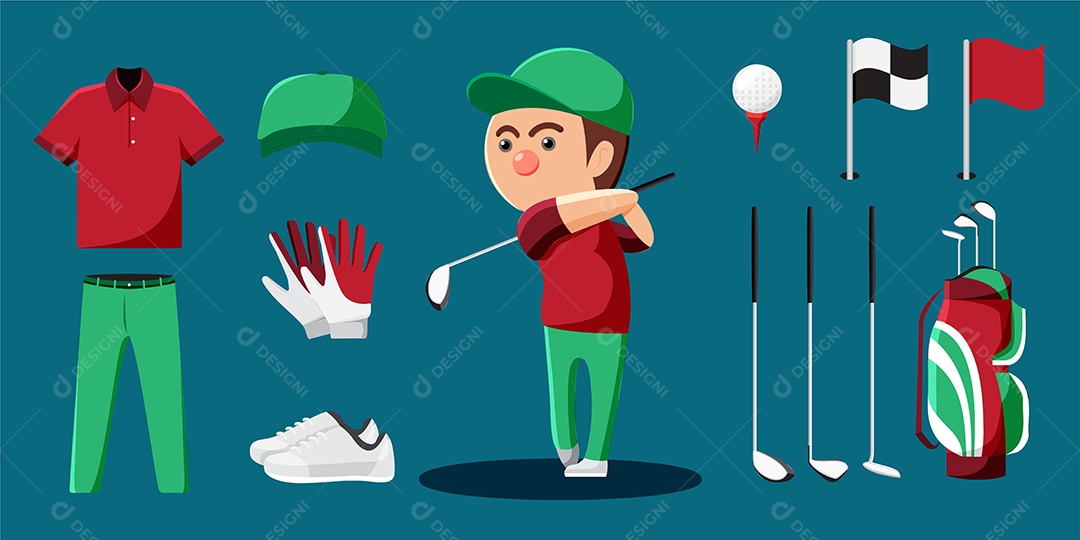 Desenho de jogador de golfe e conjunto de equipamentos como bola Vetor EPS