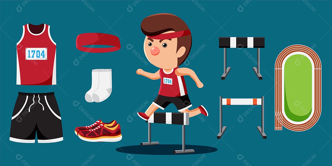 Caricatura de jogador de atletismo de corrida de obstáculos e conjunto de equipamentos Vetor EPS