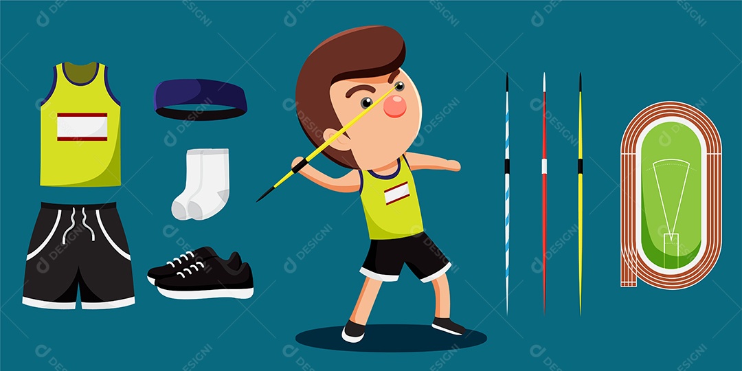 Desenho de jogador de atletismo Javelin e conjunto de equipamentos Vetor EPS