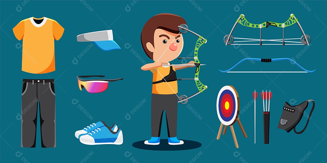 Desenho de jogador de arqueiro e conjunto de equipamentos Vetor EPS