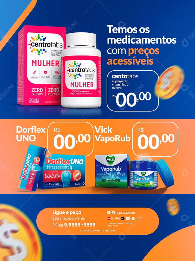 Encarte de Farmácia Temos os Medicamentos com Preços Acessíveis Social Media PSD Editável