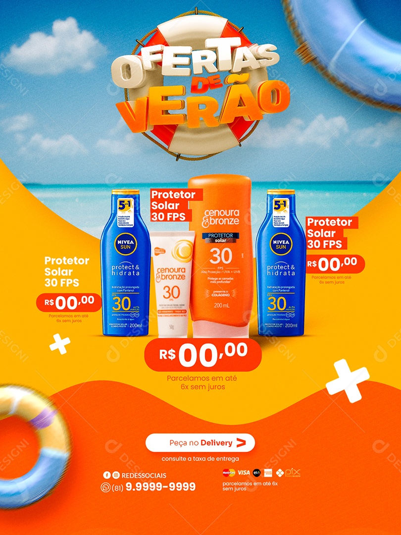 Encarte de Farmácia Protetor Solar Ofertas de Verão Social Media PSD Editável