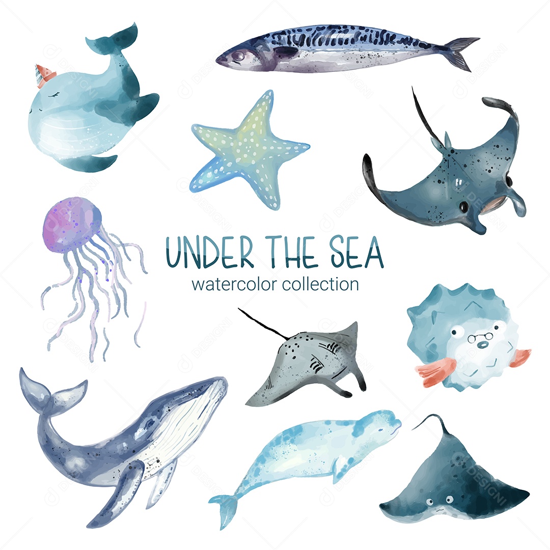 Coleção de Vidas Marinhas em Desenho Animado Vetores EPS