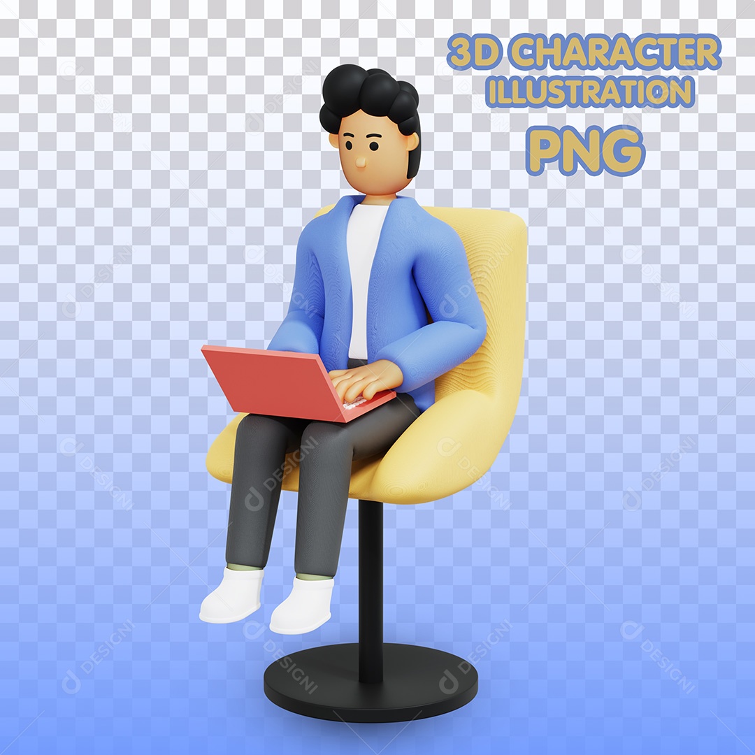 Ilustração 3D Homem Sentado com Notebook Para Composição