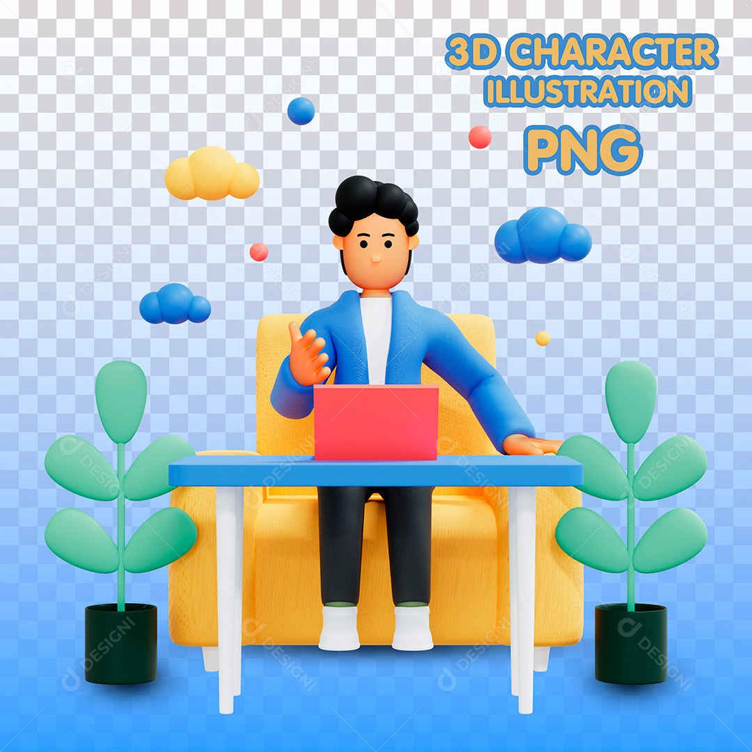 Ilustração 3D Homem Sentado de Frente Para Mesa Mexendo no Notebook Para Composição