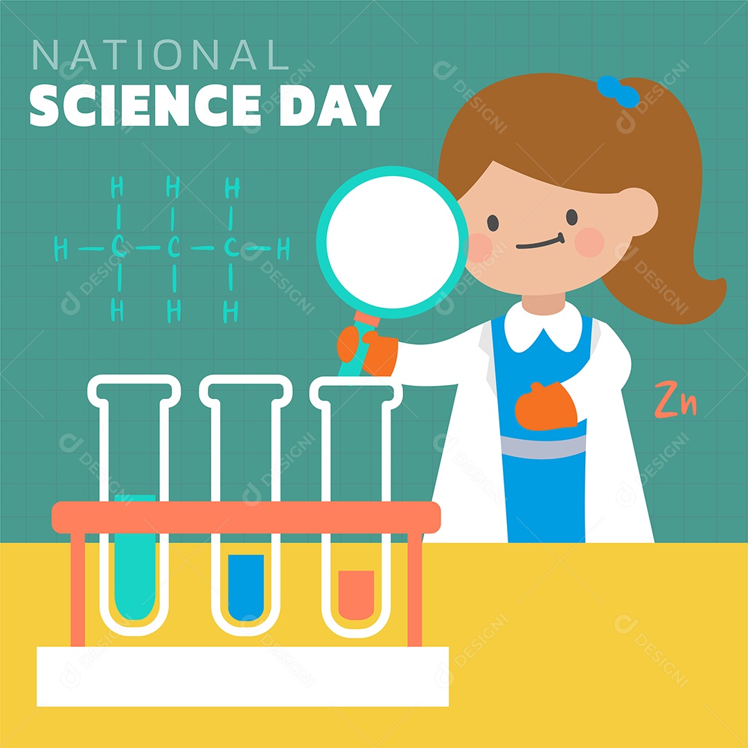 Cientista Mulher no Dia Nacional da Ciência com Equipamento estilo Cartoon Vetores EPS